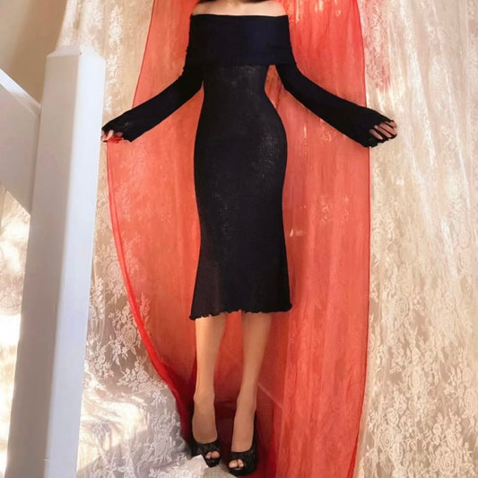 Black Ribbed Off the Shoulder Angel Sleeve Midi Dress