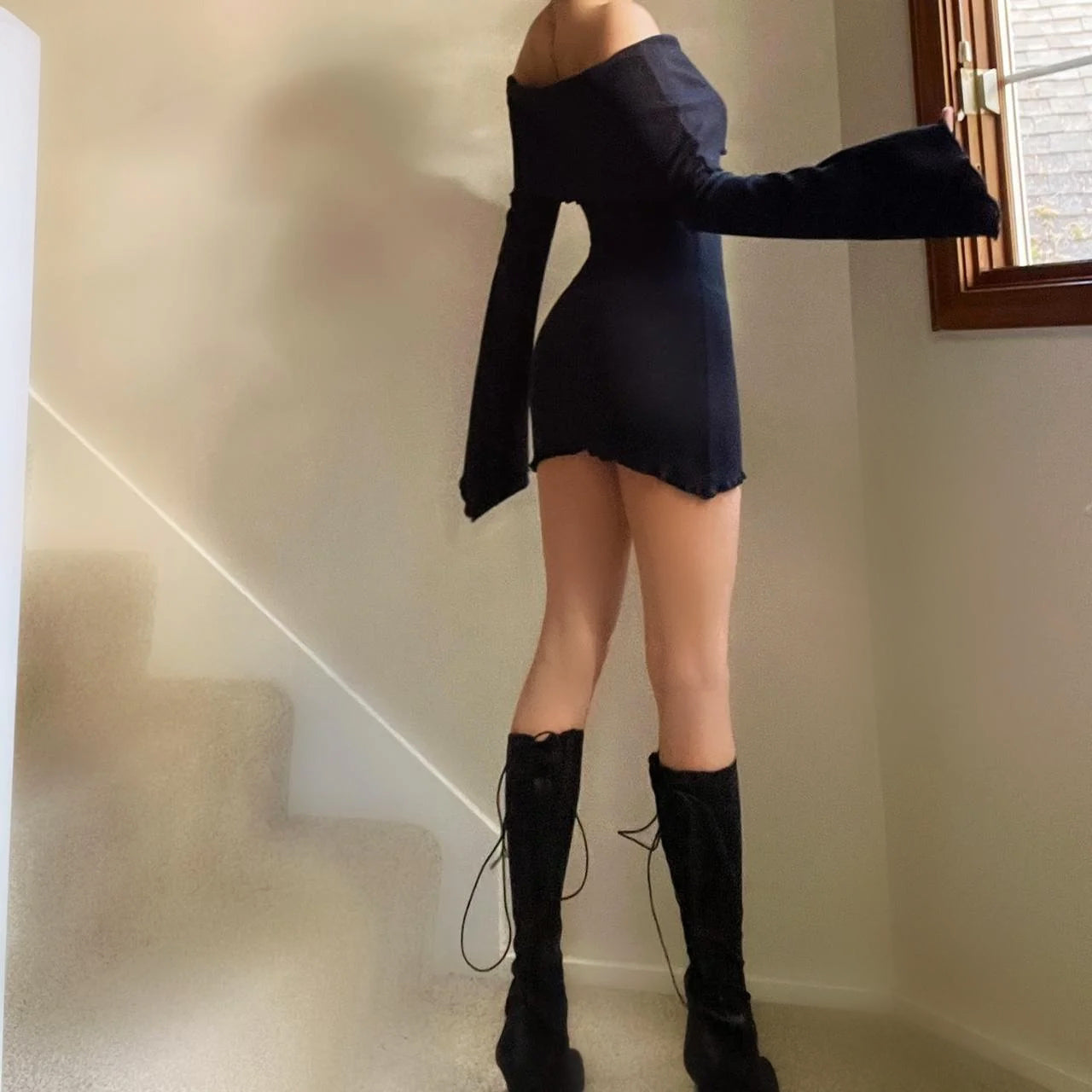 Black Ribbed Off the Shoulder Angel Sleeve Dress