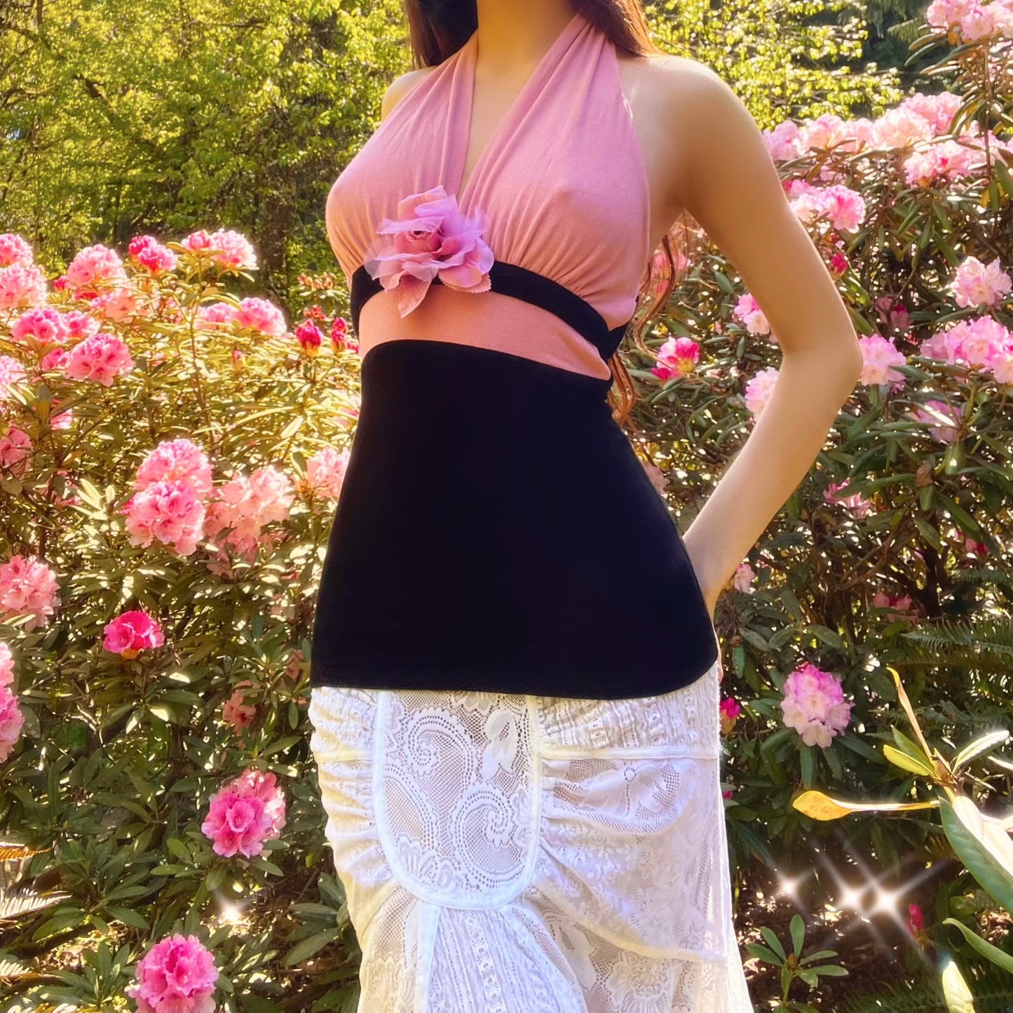 Vintage 90's Arden B Pink & Black Flower Halter Tank