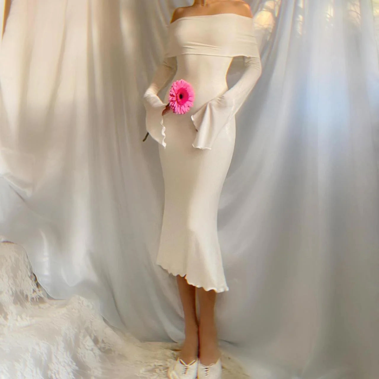 Aphrodite's Angel Pure White Off the Shoulder Mermaid Midi Dress