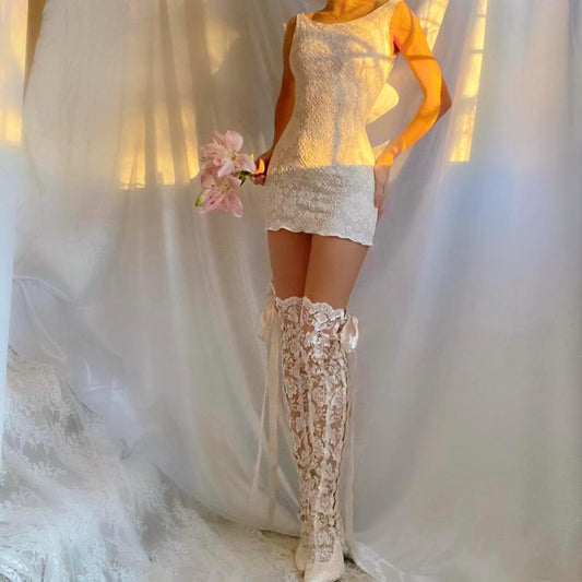 White Crochet Lace Bateau Neck Mini Dress