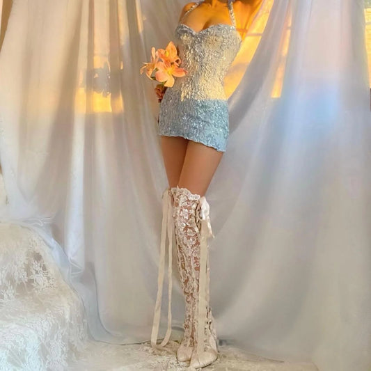 Baby Blue Sparkly Lace Ultra Mini Dress