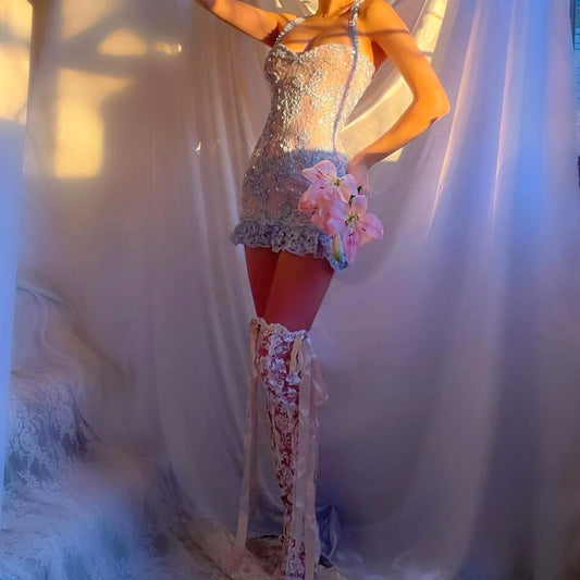 Baby Blue/Pink Sparkly Lace Ruffled Mini Dress