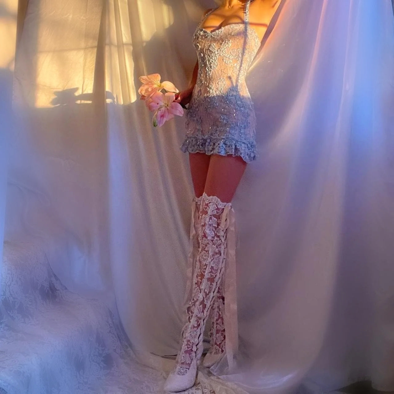 Baby Blue/Pink Sparkly Lace Ruffled Mini Dress