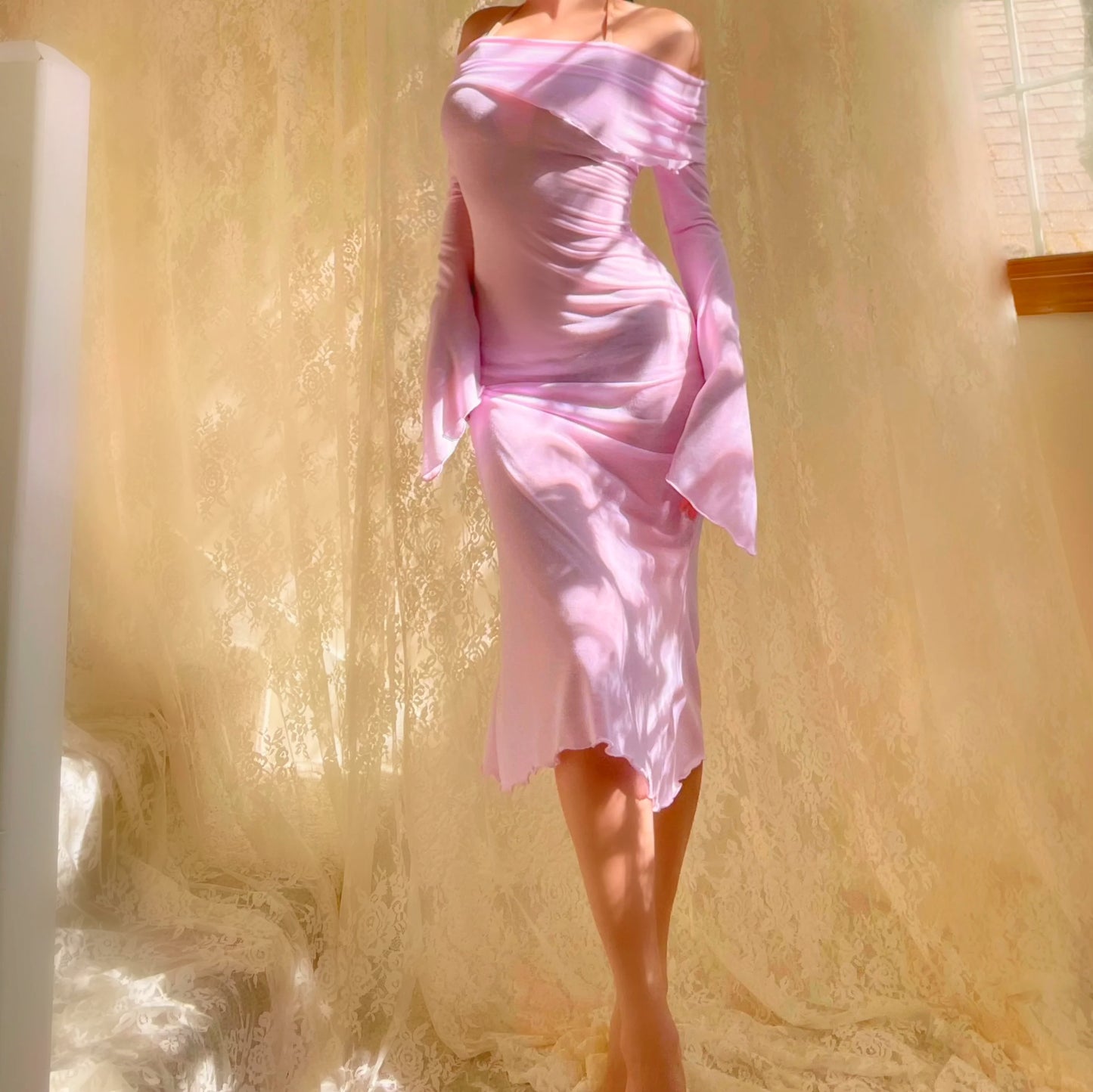 Aphrodite's Angel Baby Pink/Lilac Off the Shoulder Mermaid Midi Dress