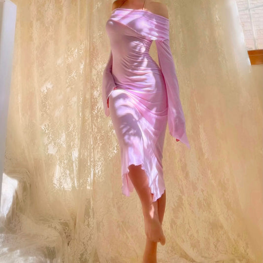 Aphrodite's Angel Baby Pink/Lilac Off the Shoulder Mermaid Midi Dress