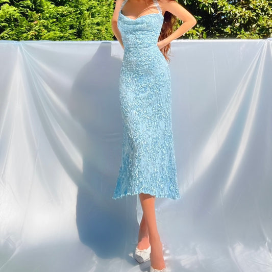 Baby Blue Sparkly Lace Cowl Neck Mermaid Midi Dress