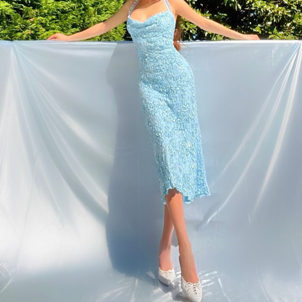 Baby Blue Sparkly Lace Cowl Neck Mermaid Midi Dress