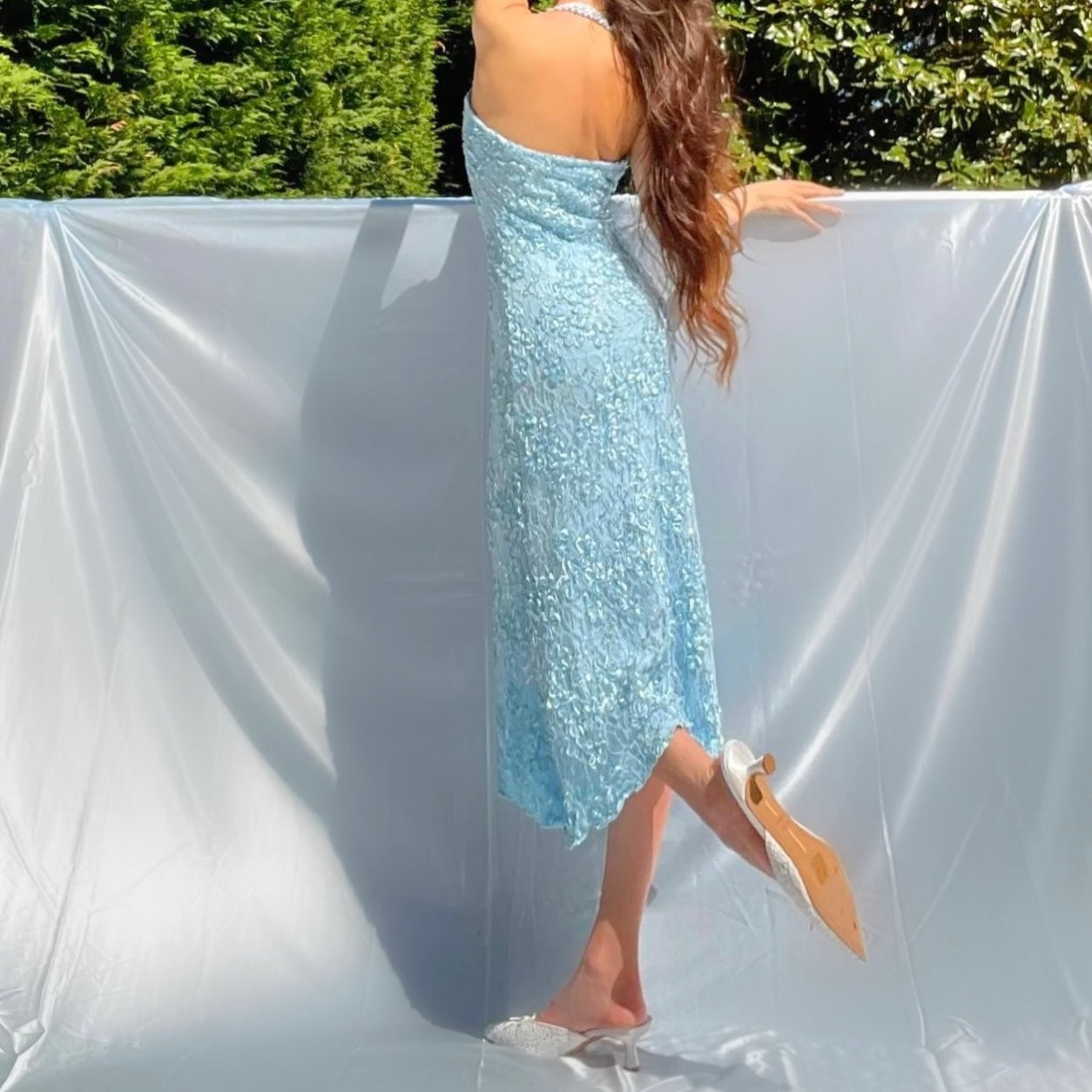 Baby Blue Sparkly Lace Cowl Neck Mermaid Midi Dress
