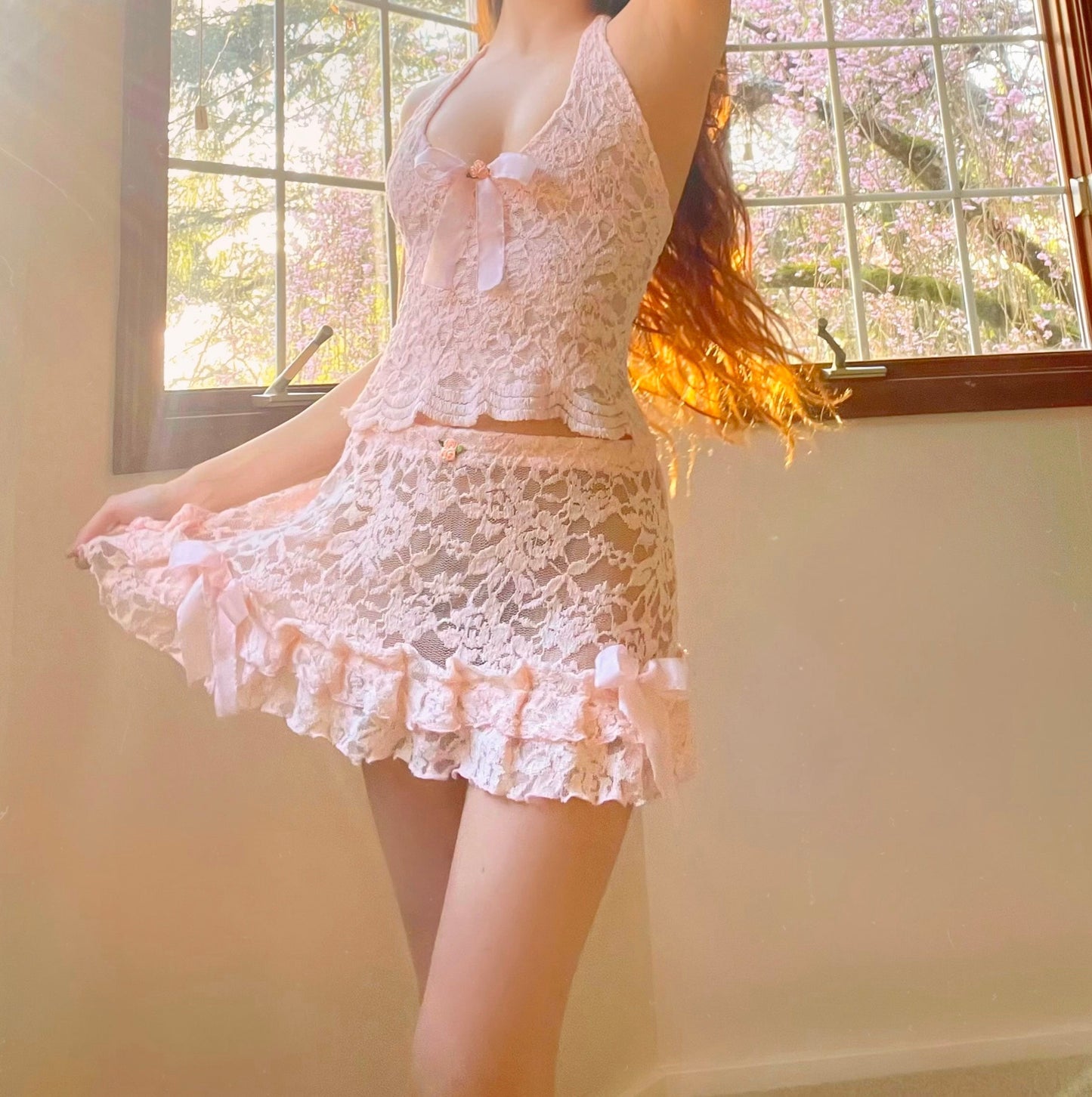 Light Pink Lace Silk Matching Set