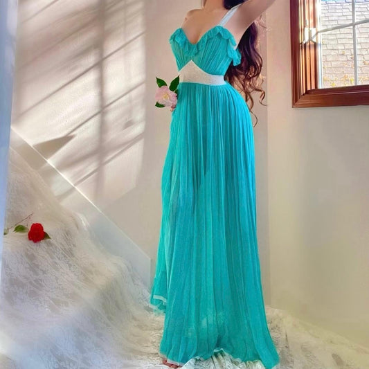 1940s mermaid turquoise/white silk chiffon bias cut pleated ruffle lingerie gown