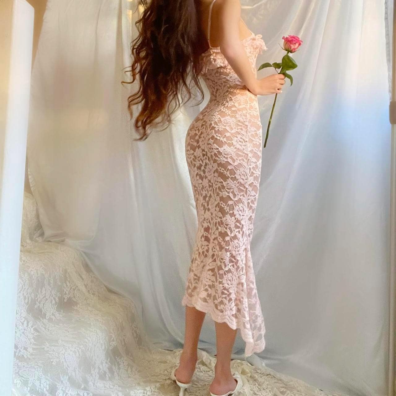 Baby Pink Ruffle Asymmetric Hem Fairy Lingerie Midi Dress