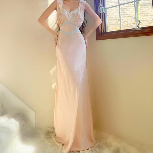 1940s pale pink/baby blue trim bias cut lingerie gown