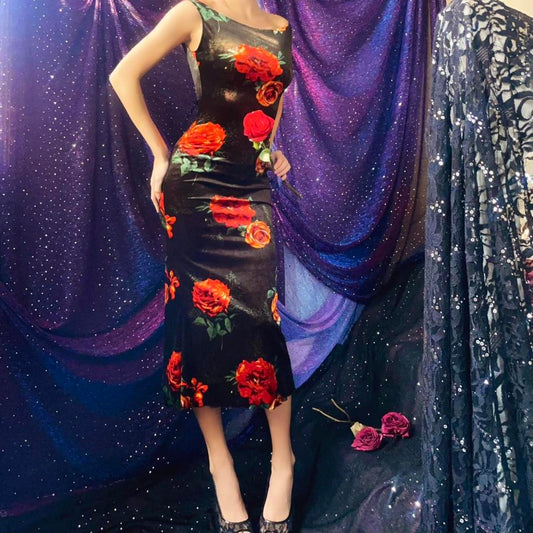 Black & Orange Roses Velvet Bateau Neck Midi Dress