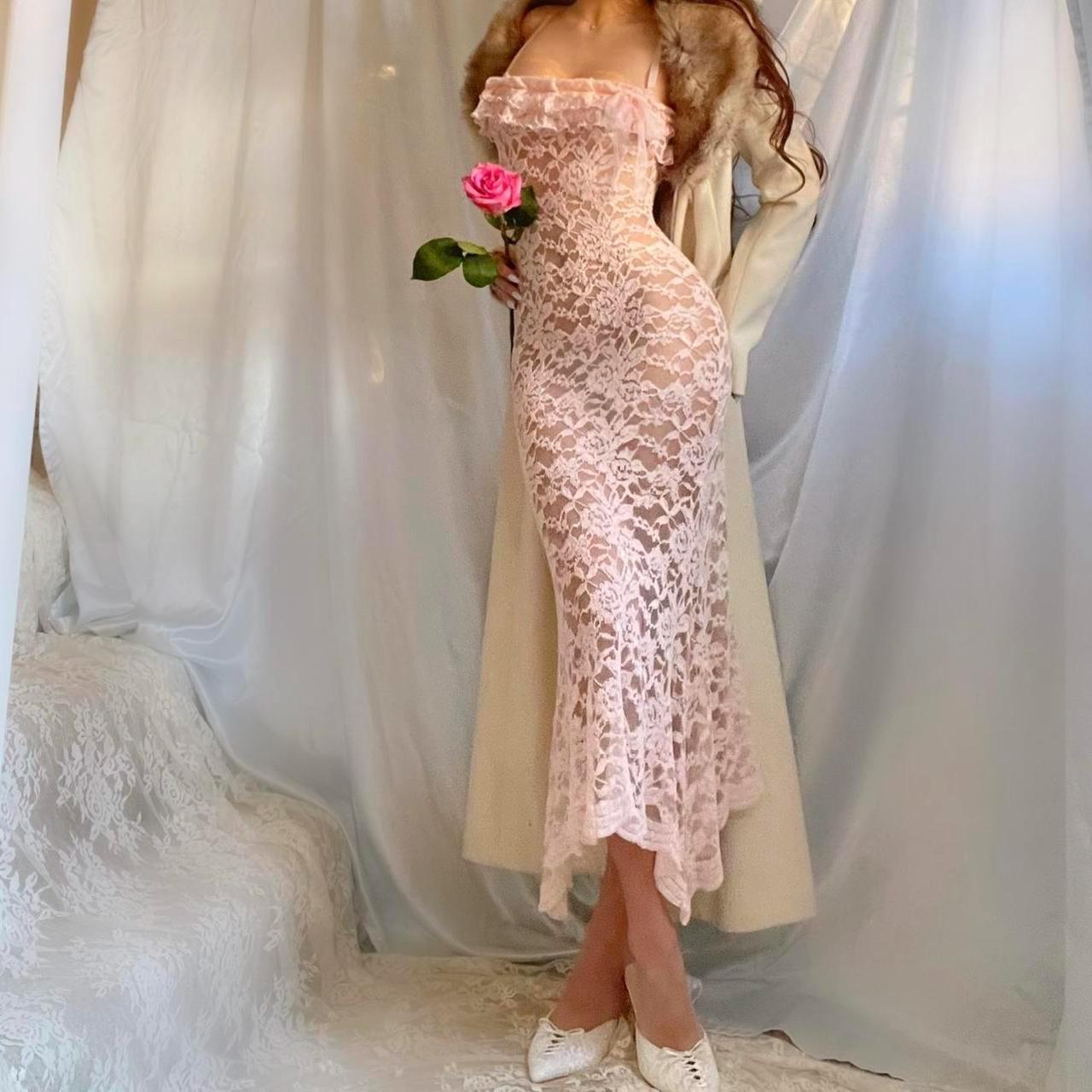 Baby Pink Ruffle Asymmetric Hem Fairy Lingerie Midi Dress