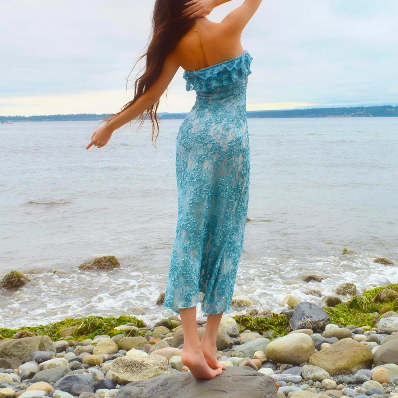 Baby Blue/White Sparkly Lace Mermaid Midi Dress