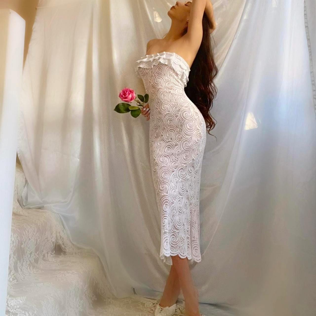 White Seashell Swirl Lace Ruffle Mermaid Midi Dress