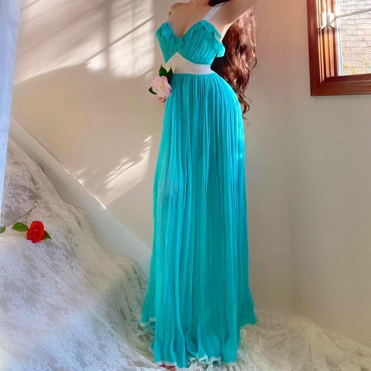 1940s mermaid turquoise/white silk chiffon bias cut pleated ruffle lingerie gown