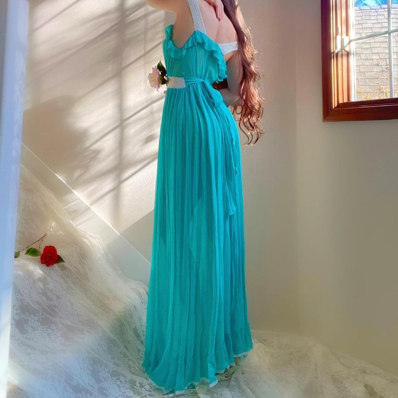 1940s mermaid turquoise/white silk chiffon bias cut pleated ruffle lingerie gown