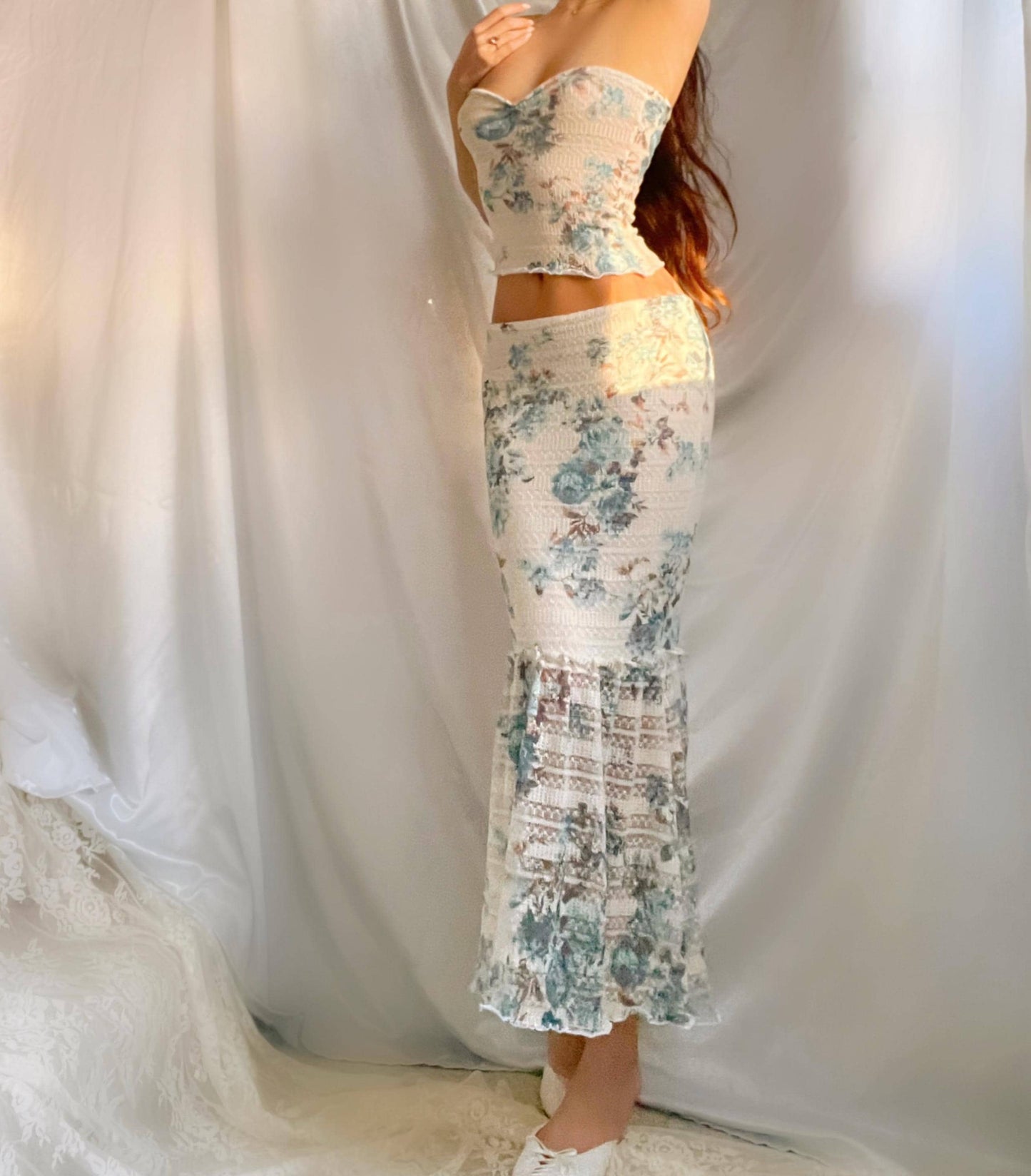 Blue/White Floral Soft Knit Crop Top + Mermaid Midi Skirt Matching Set