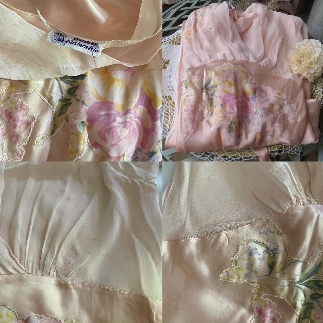 1930s antique peachy baby pink floral ruffle sleeve bias cut lingerie gown