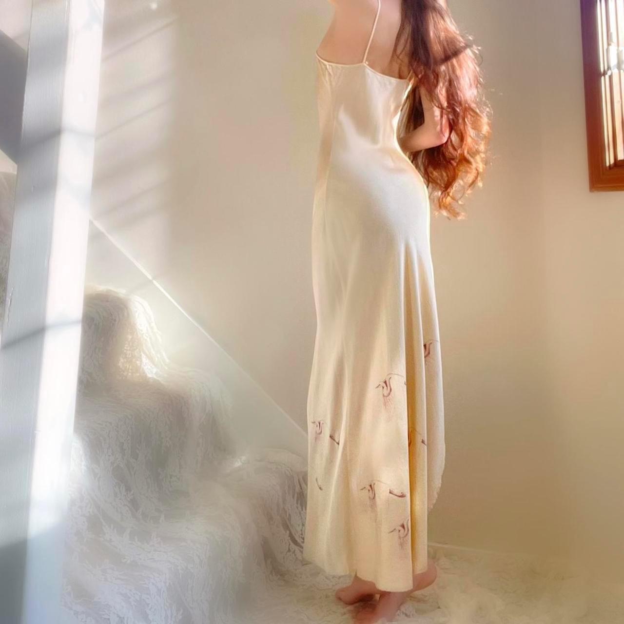 1970s Nightingale Champagne Nude Silk Bias Cut Crane Print Lingerie Slip Dress