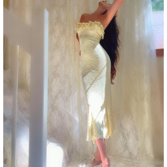 Pale Yellow Sparkly Lace Ruffle Strapless Midi Dress