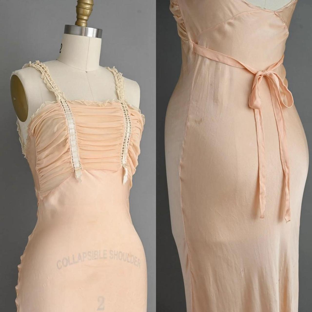 1930s antique soft peach/apricot romantic silk bias cut lingerie gown
