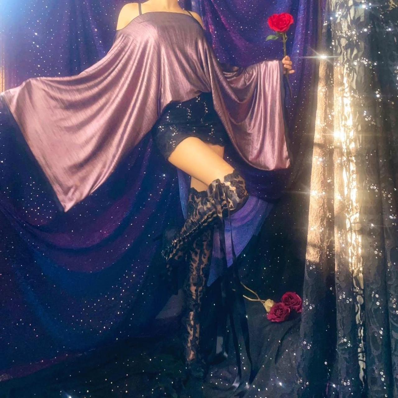 Metallic Mauve/Black Sparkly Lace Draped Batwing Mini Dress