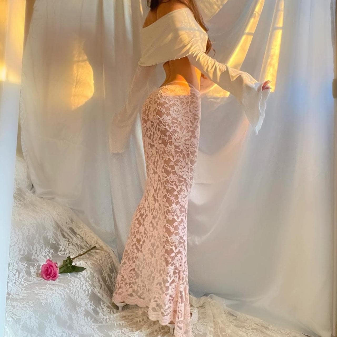 Baby Pink Lace See Through Mermaid Maxi Skirt
