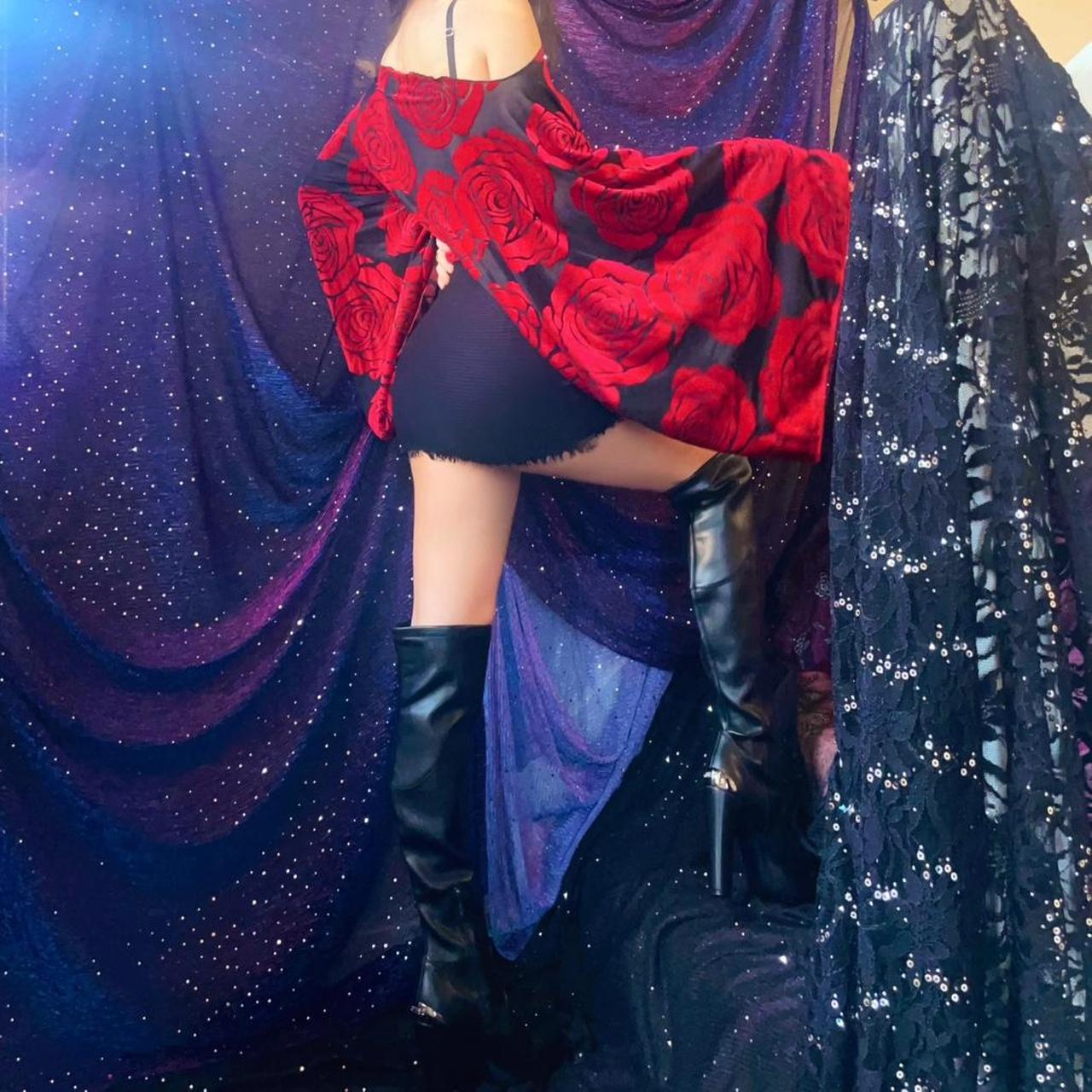 Red Velvet Rose & Black Draped Batwing Sleeve Mini Dress