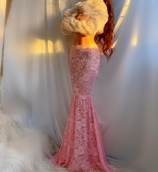 Light Pink Lace Floral Embroidered Sheer Mermaid Maxi Skirt