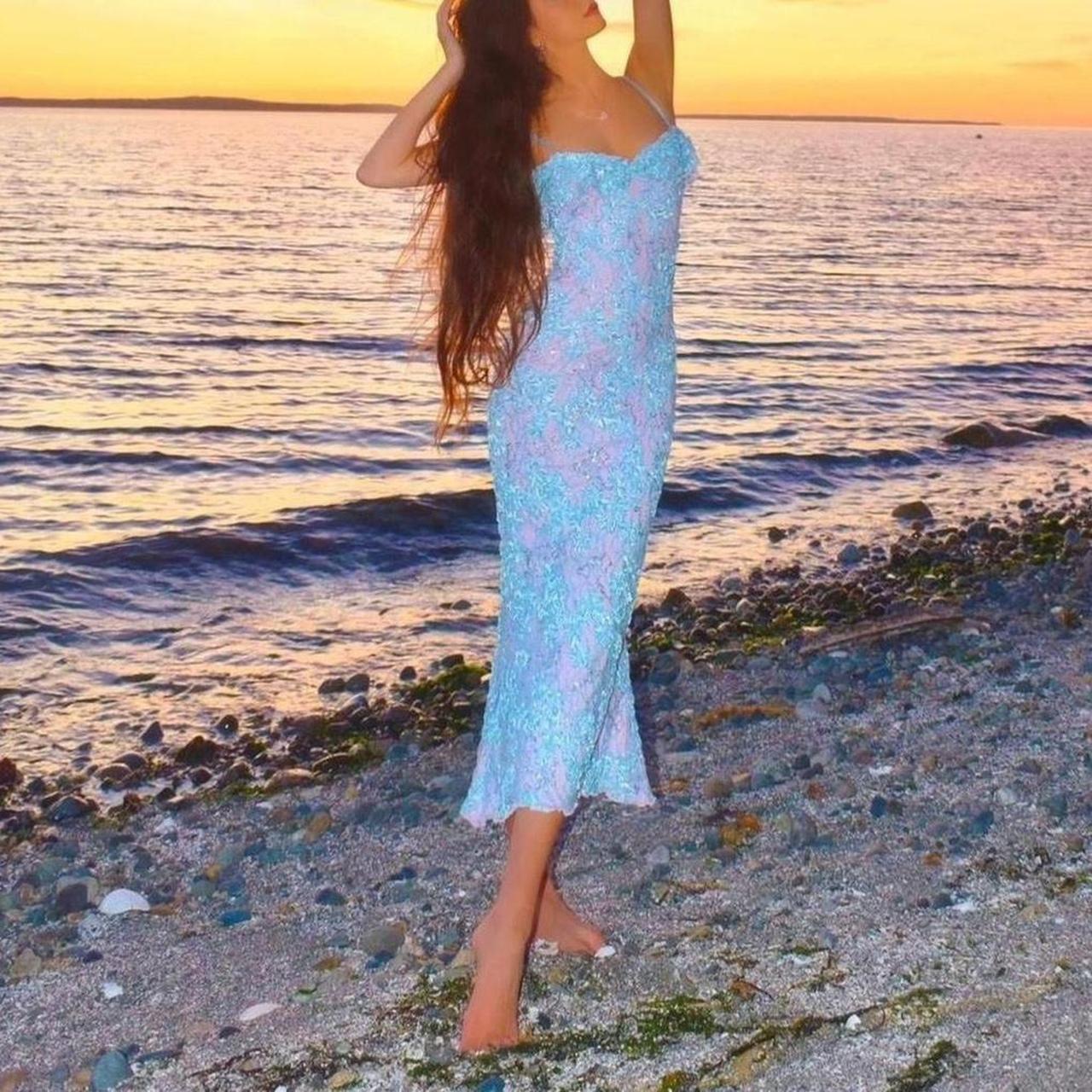 Siren Princess Baby Blue & Pink Sparkly Lace Mermaid Midi Dress