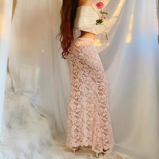 Baby Pink Lace See Through Mermaid Maxi Skirt