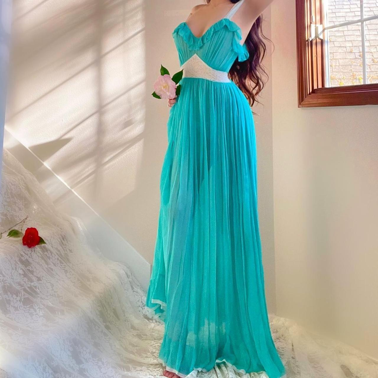 1940s mermaid turquoise/white silk chiffon bias cut pleated ruffle lingerie gown