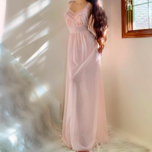 1940s baby pink ballerina princess ruffled nylon lingerie maxi dress