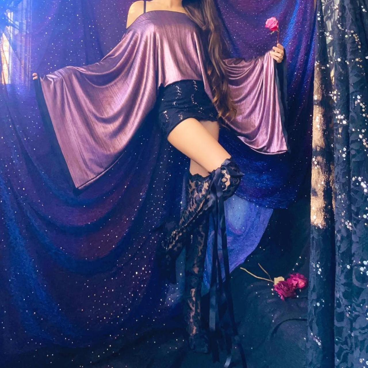 Metallic Mauve/Black Sparkly Lace Draped Batwing Mini Dress