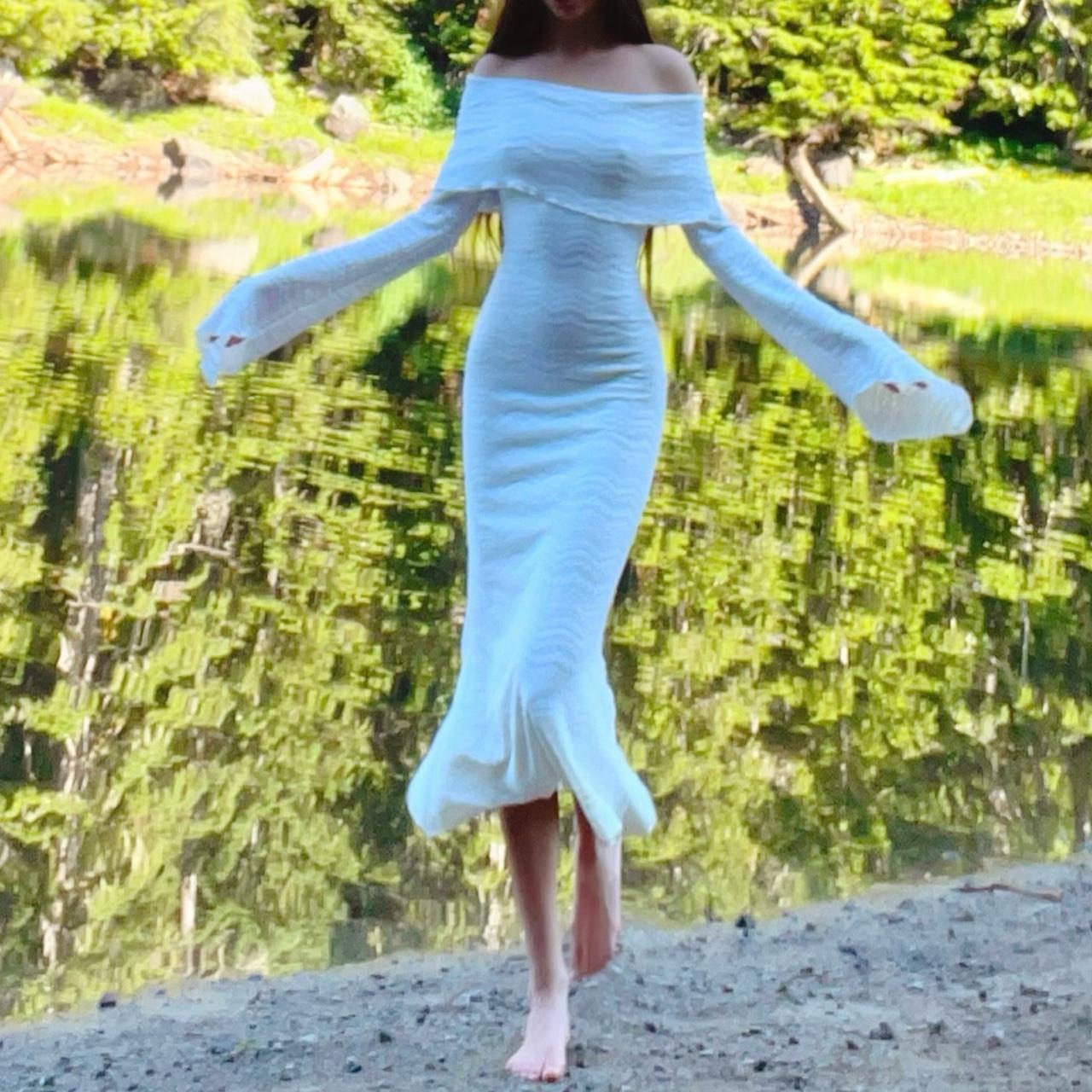 Aphrodite’s Angel White Off the Shoulder Angel Sleeve Midi Dress