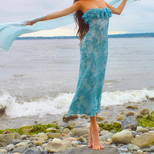 Baby Blue/White Sparkly Lace Mermaid Midi Dress