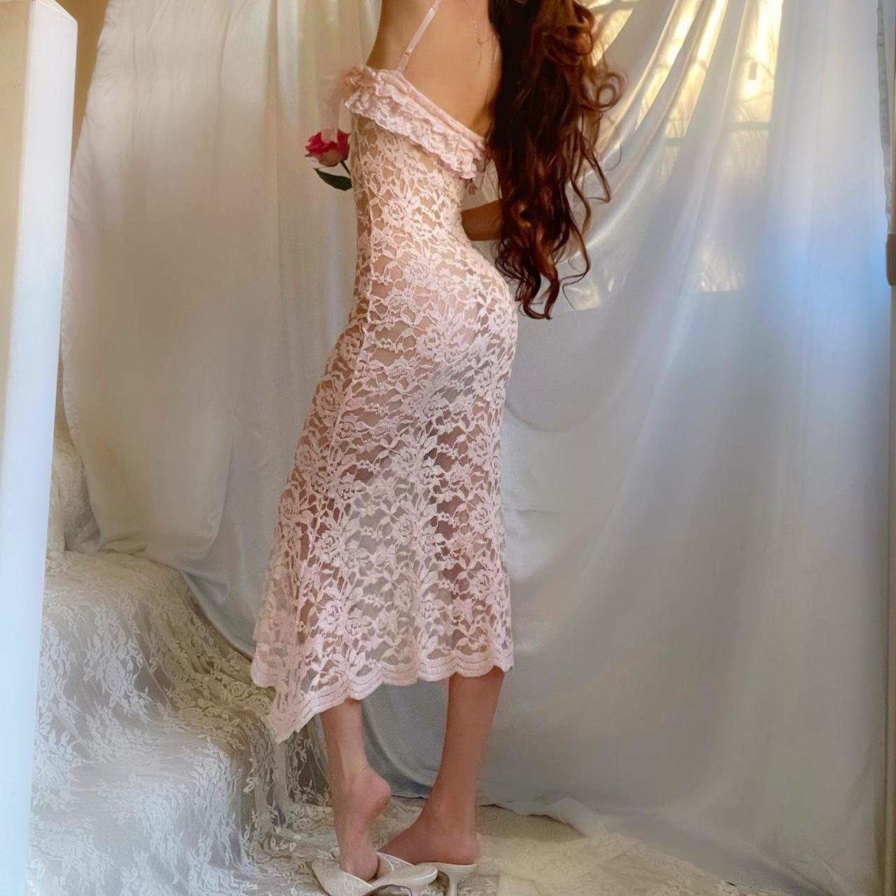Baby Pink Ruffle Asymmetric Hem Fairy Lingerie Midi Dress