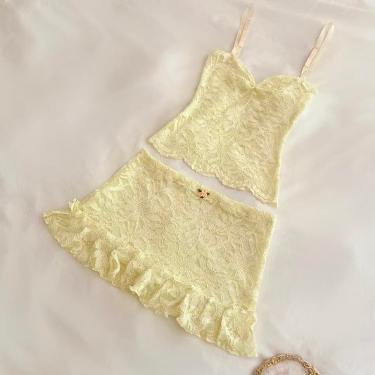 Pale Yellow Sparkly Cami + Ruffle Mini Skirt Matching Set