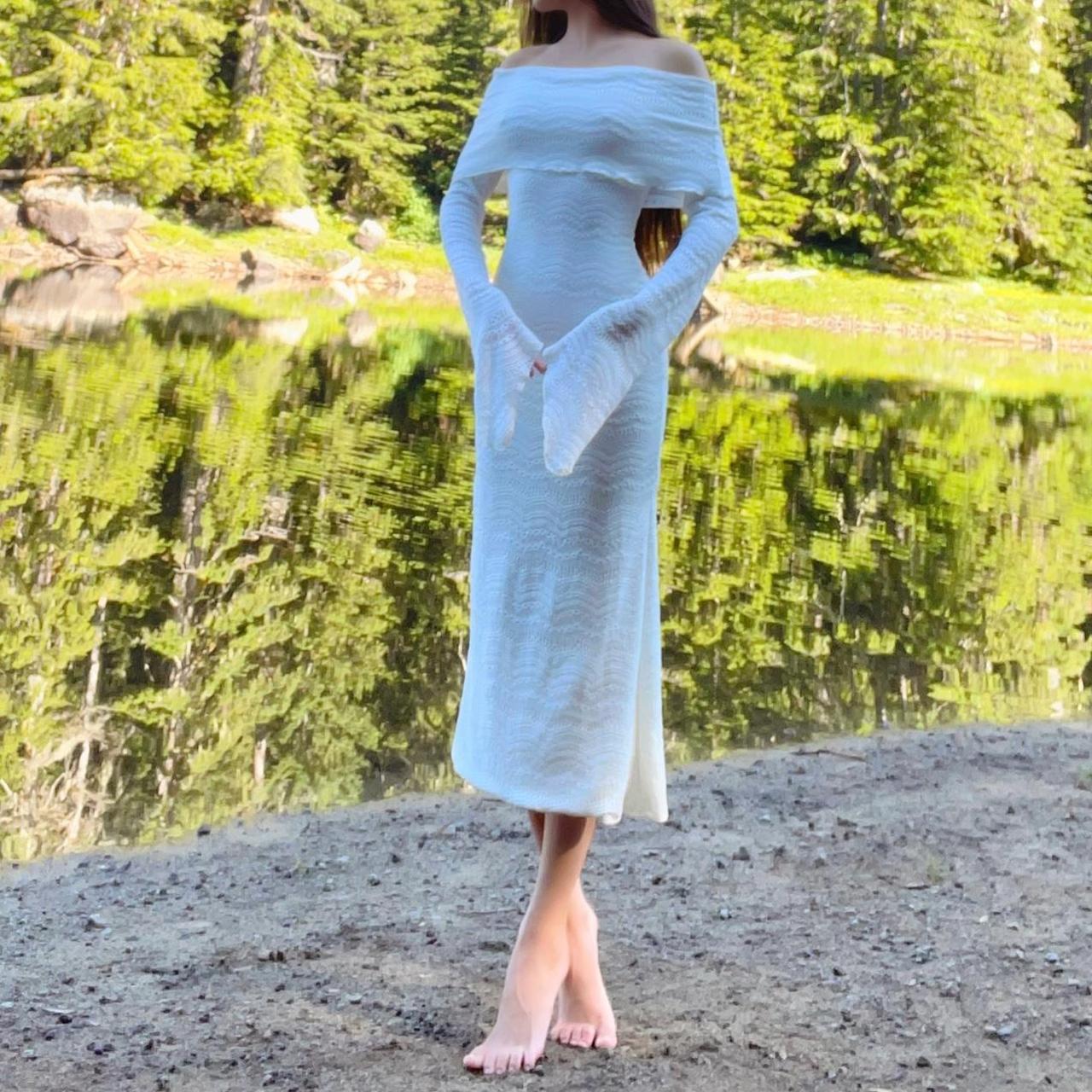 Aphrodite’s Angel White Off the Shoulder Angel Sleeve Midi Dress