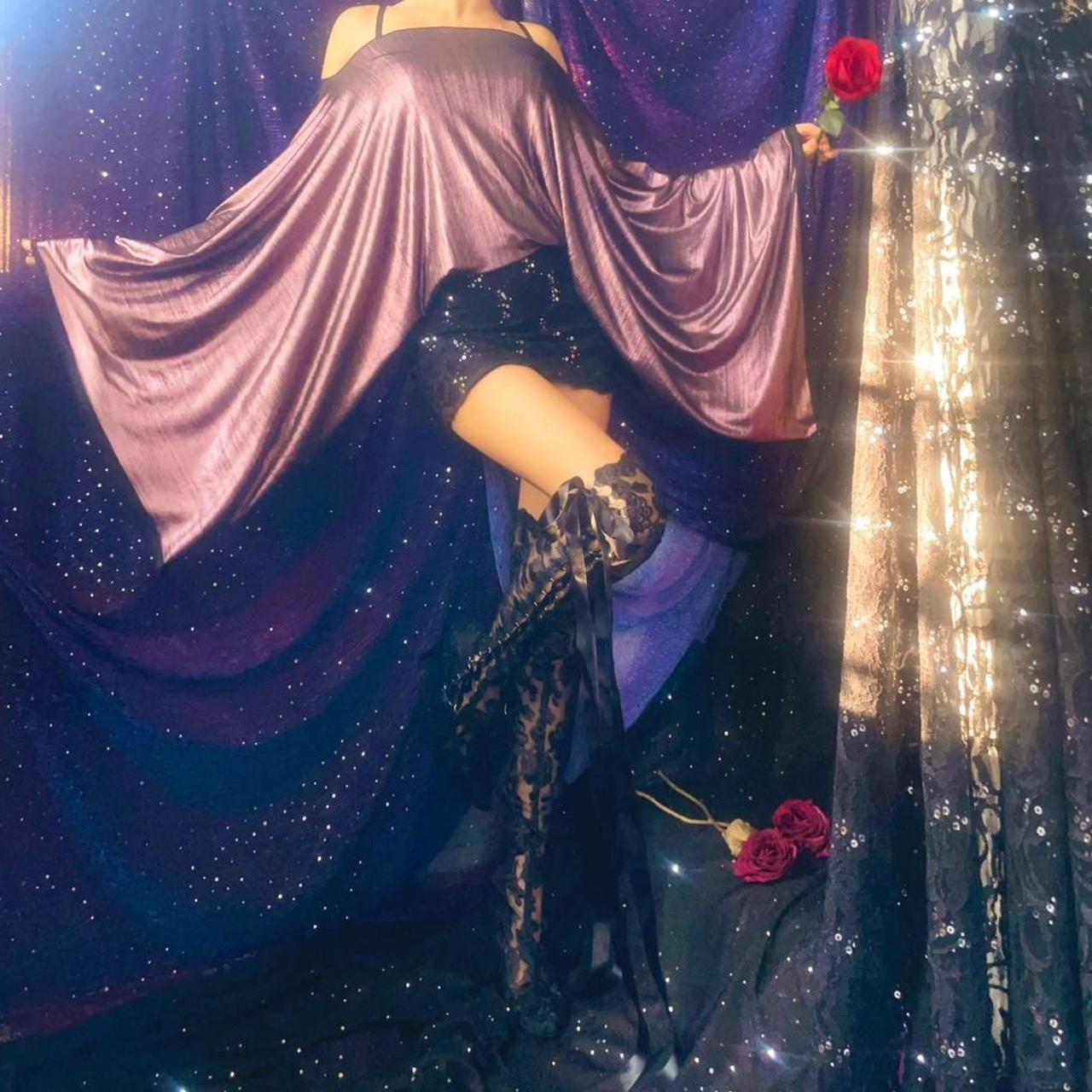 Metallic Mauve/Black Sparkly Lace Draped Batwing Mini Dress