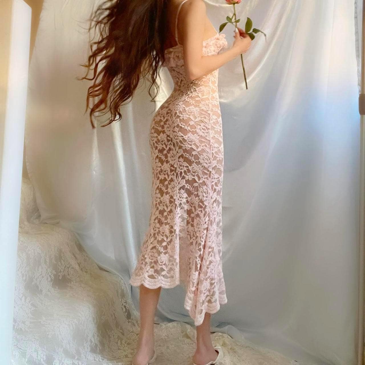 Baby Pink Ruffle Asymmetric Hem Fairy Lingerie Midi Dress