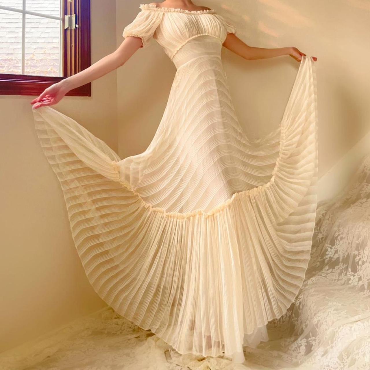 1930s antique ivory/cream stripped silk chiffon ruched gown