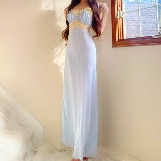 1930s antique baby blue & yellow lace floral bias cut lingerie gown