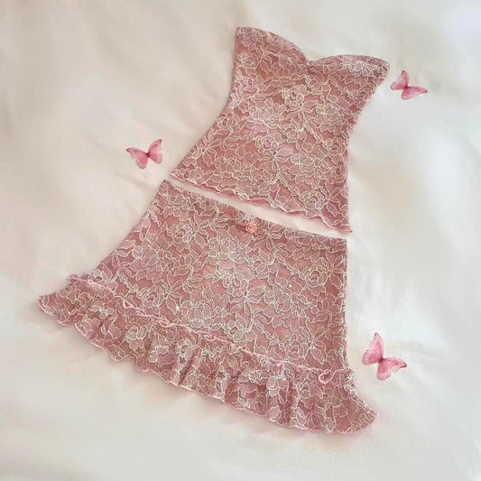 Mauve Sparkly Tube Top + Ruffle Mini Skirt Matching Set