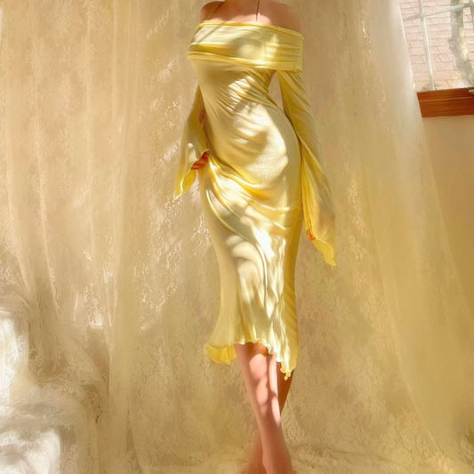 Aphrodite’s Angel Pale Yellow Off the Shoulder Mermaid Midi Dress