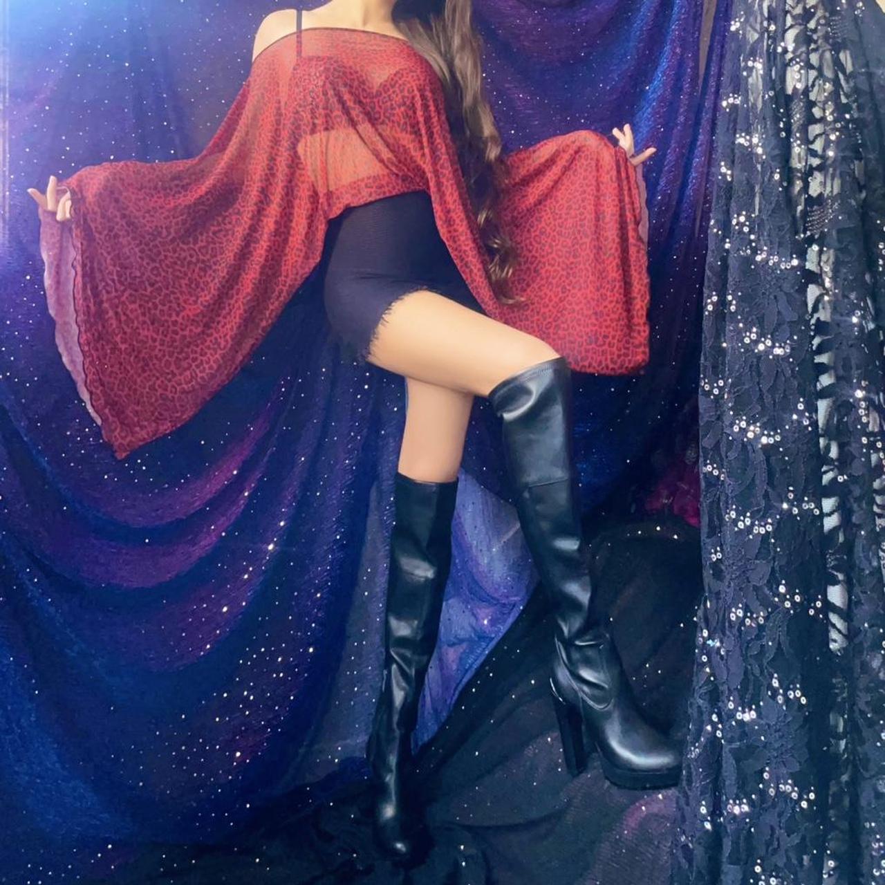 Red Leopard Mesh & Black Draped Batwing Sleeve Mini Dress