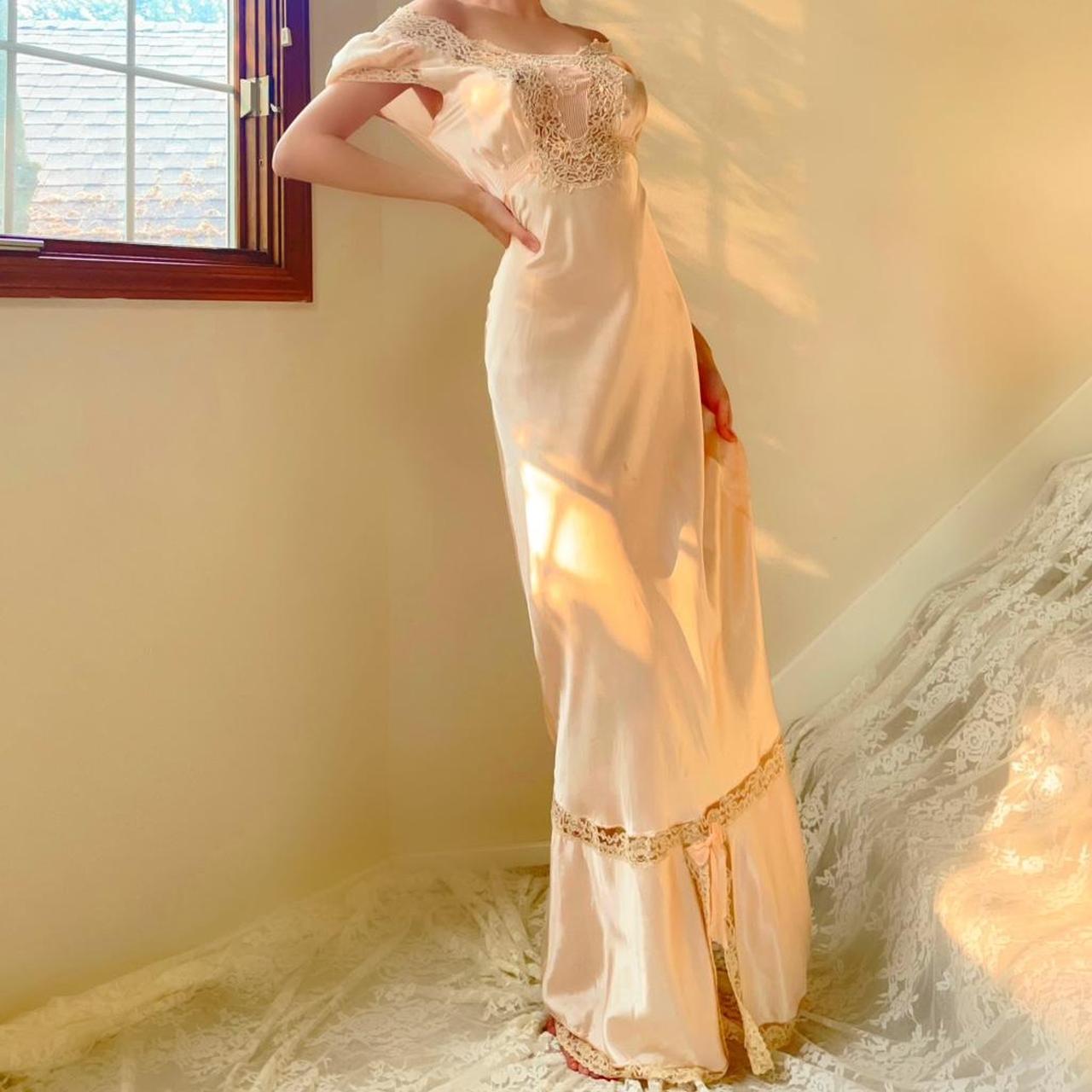 1930s antique palest peach/pink lace bias cut lingerie gown